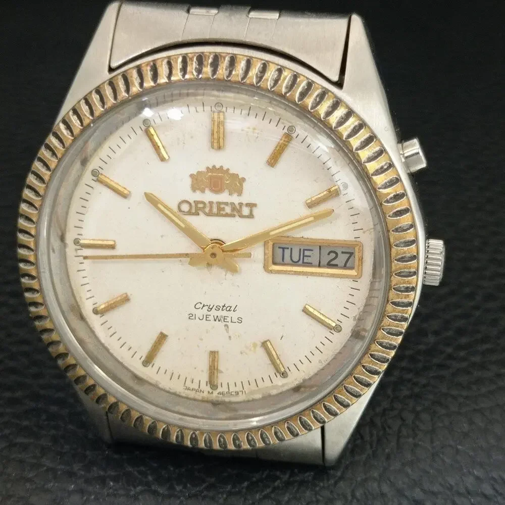 Vintage 1977 Orient Automatic Mens Silver Watch W/daydate & Gold accents